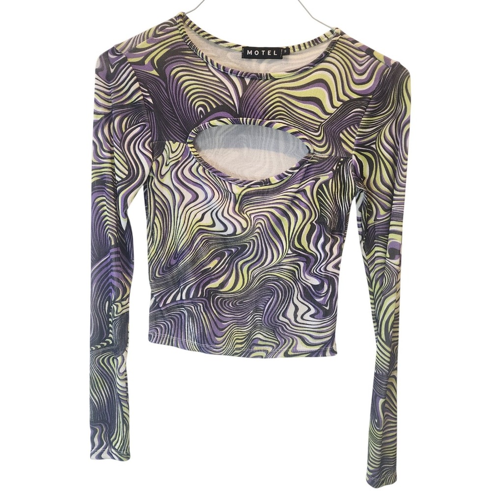 Motel Rocks Long Sleeve Crop Top Womens S Purple Swirl Keyhole Y2K Festival